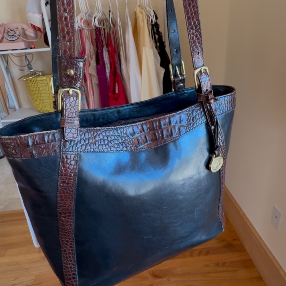 Brahmin Black and Brown Textured Leather Tote